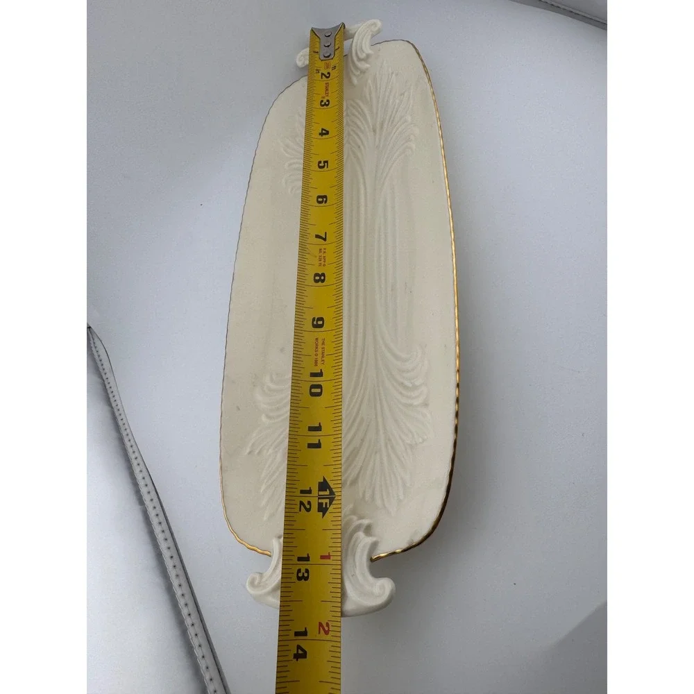 Lenox Cream Gold‎ Rimmed Oval Serving Tray Embossed Floral Design Handles